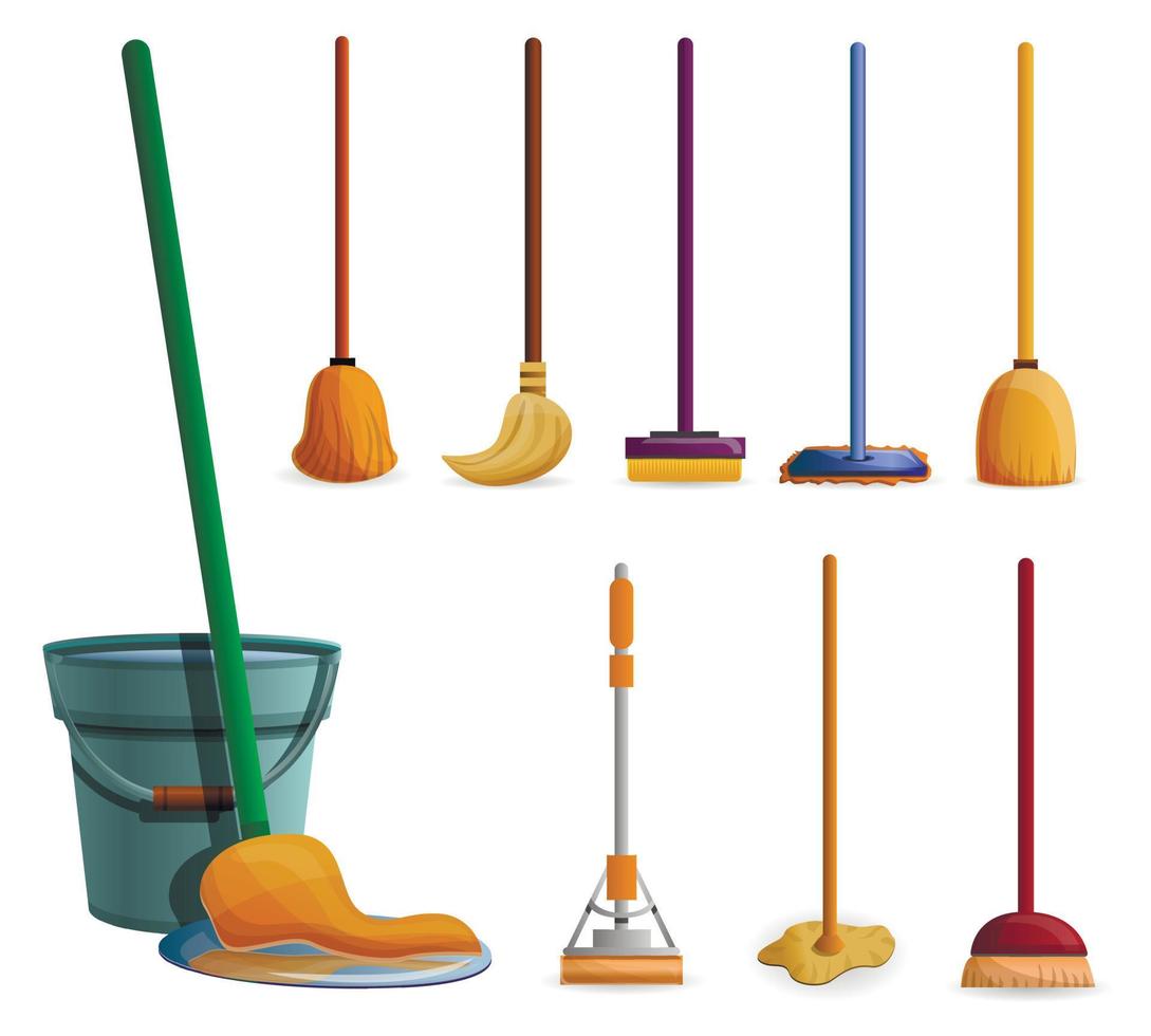 Mop icon set, cartoon style vector