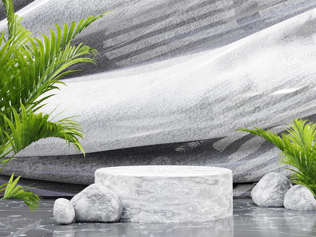 Minimalist marble circle podium for product presentation with palm plant background and fabric creeper in the morning, 3d render photo