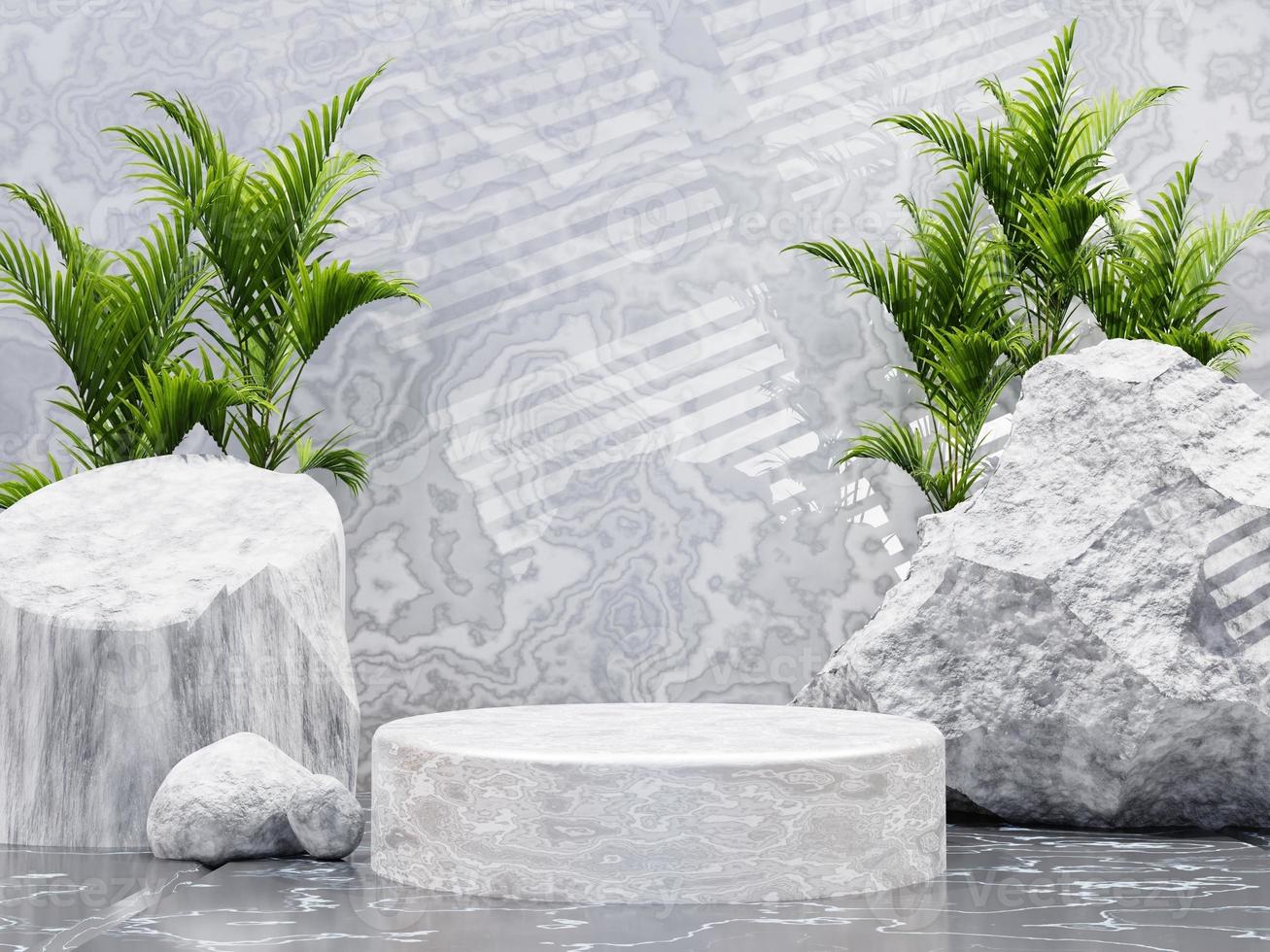 Minimalist marble circle podium for product presentation with large stone background and wall in the morning, 3d render photo