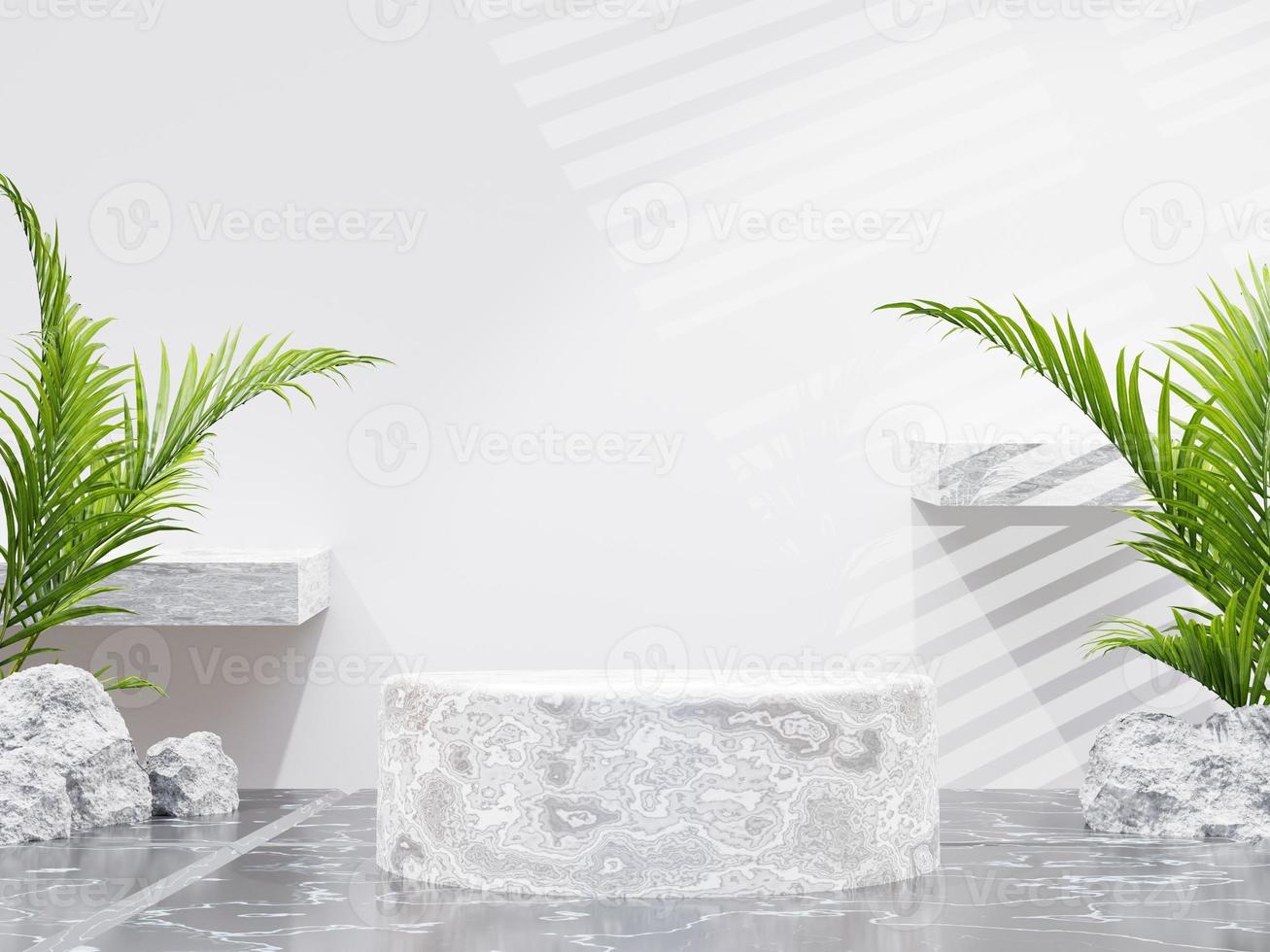 Minimalist marble circle podium for product presentation on palm plant background and open curtains on gray, 3d render photo
