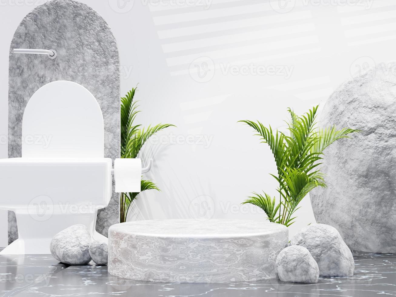 Minimalist marble circle podium for product presentation with boulder background and toilet in the morning, 3d render photo