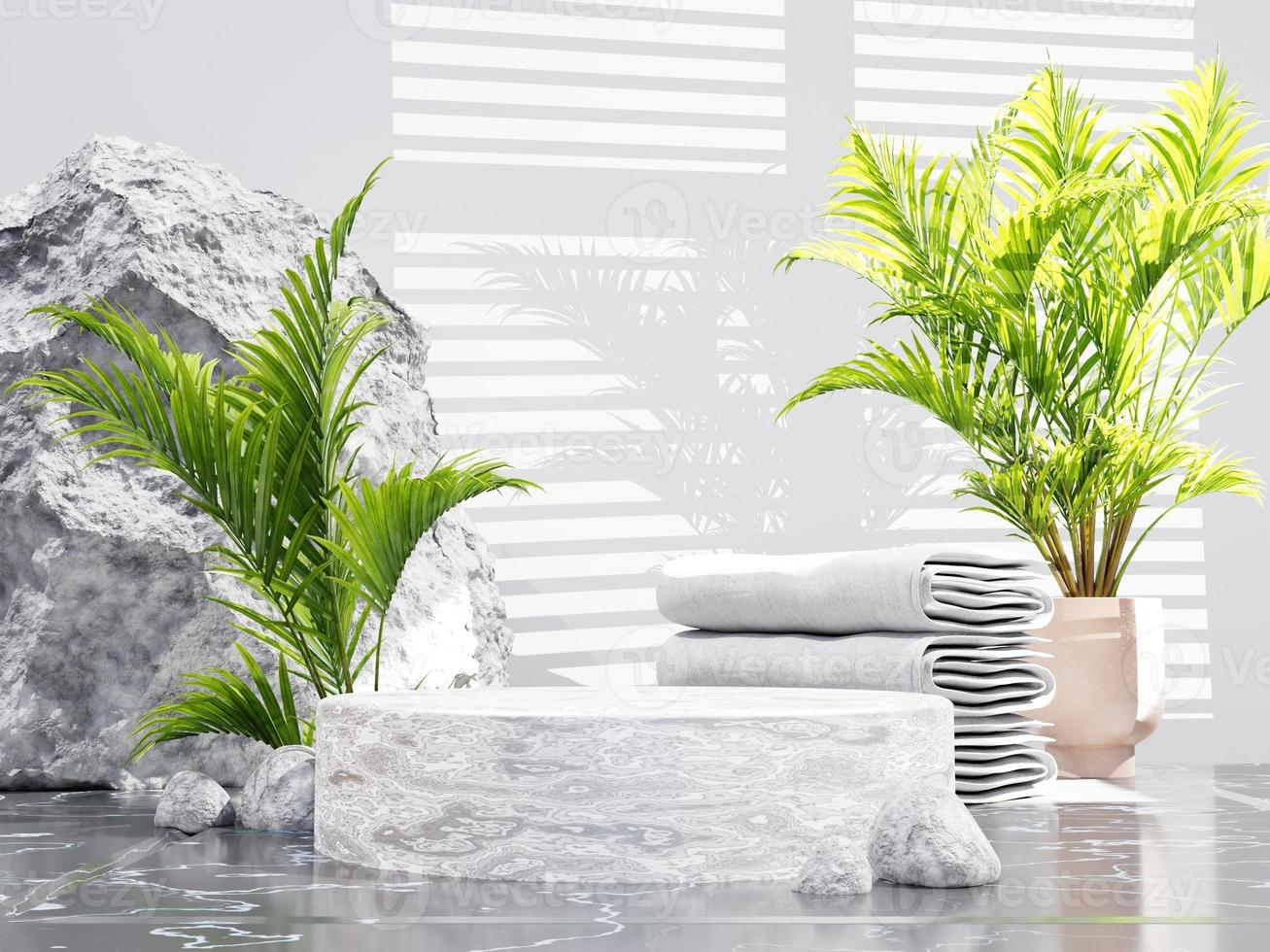 Minimalist marble circle podium for product presentation on palm plant background and open curtains on gray, 3d render photo