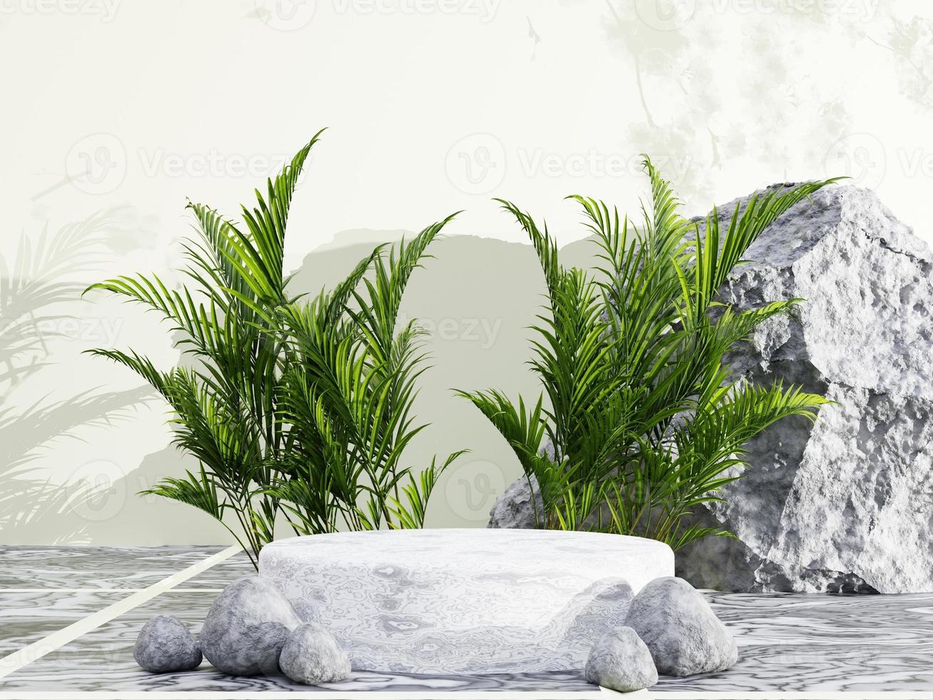 Marble circle podium for product presentation with wall and stone background, 3d rendering illustration photo