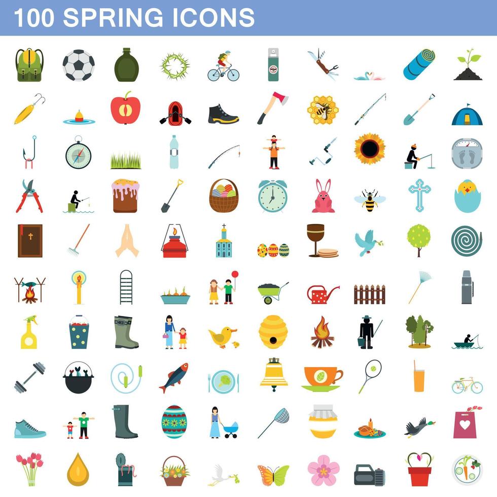 100 spring icons set, flat style vector
