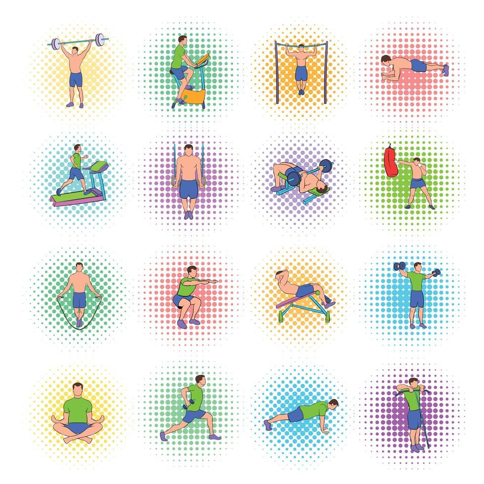 conjunto de iconos de gimnasio, estilo pop-art vector