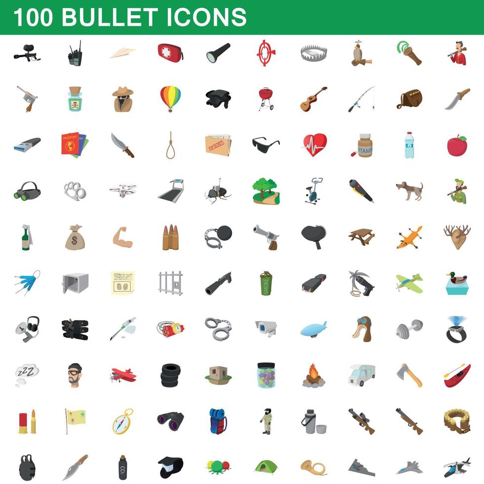 100 iconos de bala, estilo de dibujos animados vector