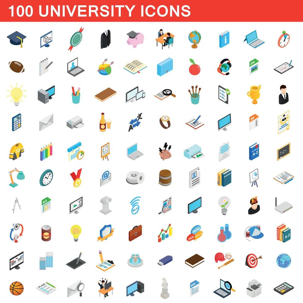 100 university icons set, isometric 3d style vector