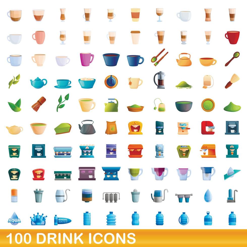 100 drink icons set, cartoon style vector