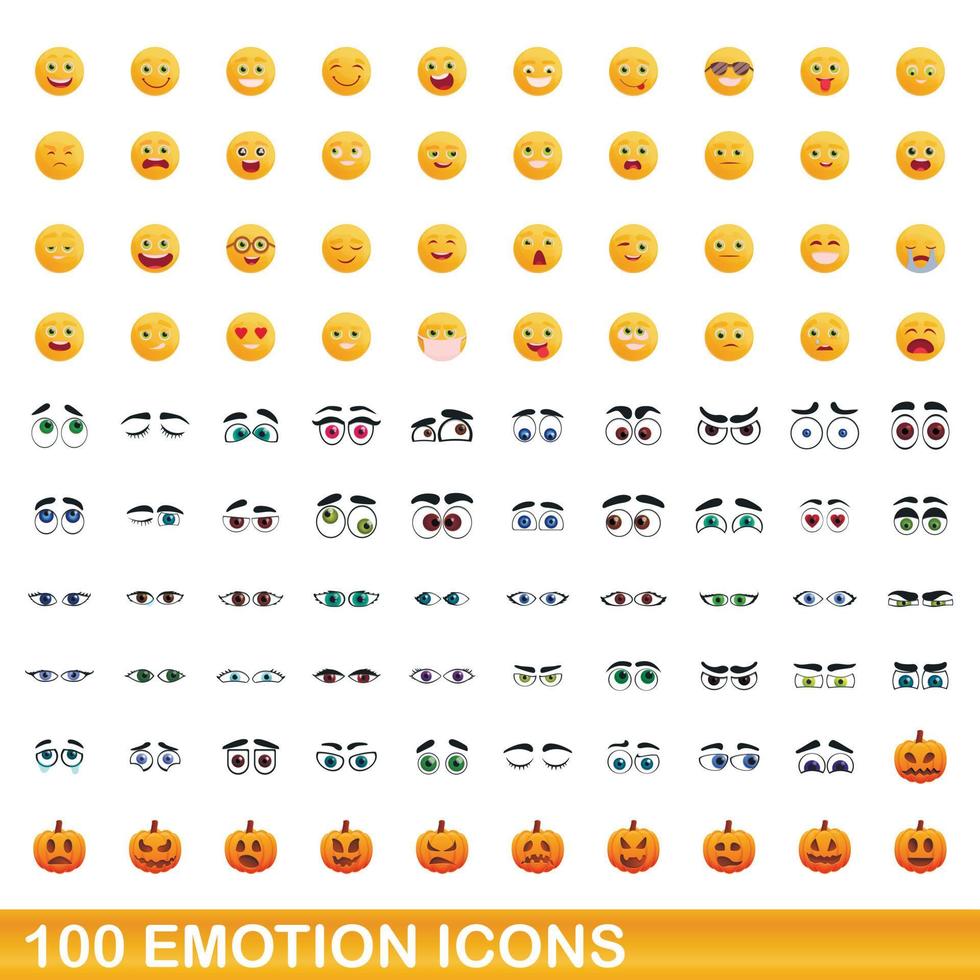 100 emotion icons set, cartoon style vector