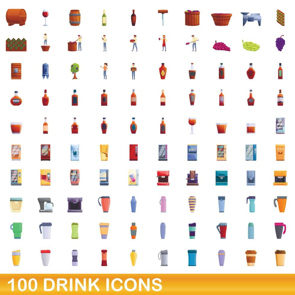 100 drink icons set, cartoon style vector