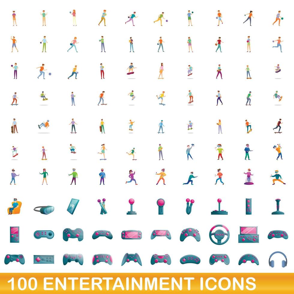 100 entertainment icons set, cartoon style vector