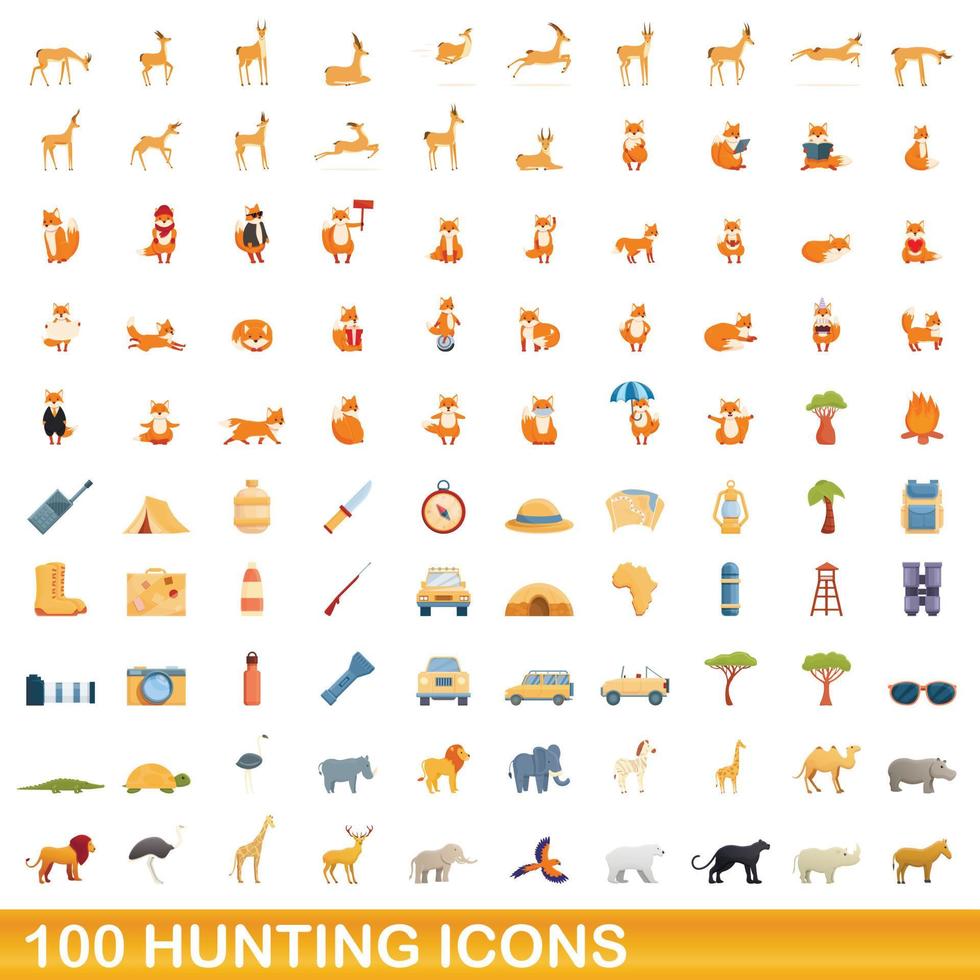 100 iconos de caza, estilo de dibujos animados vector