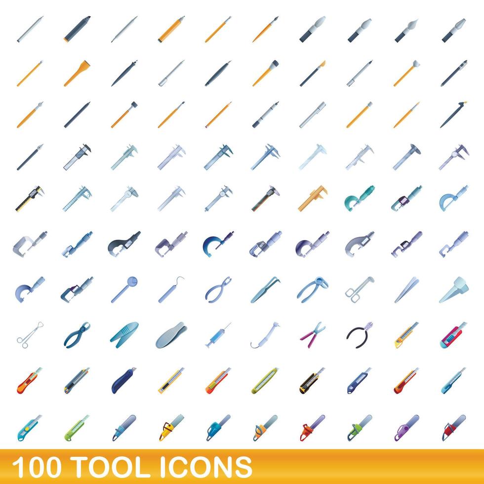 100 tool icons set, cartoon style vector