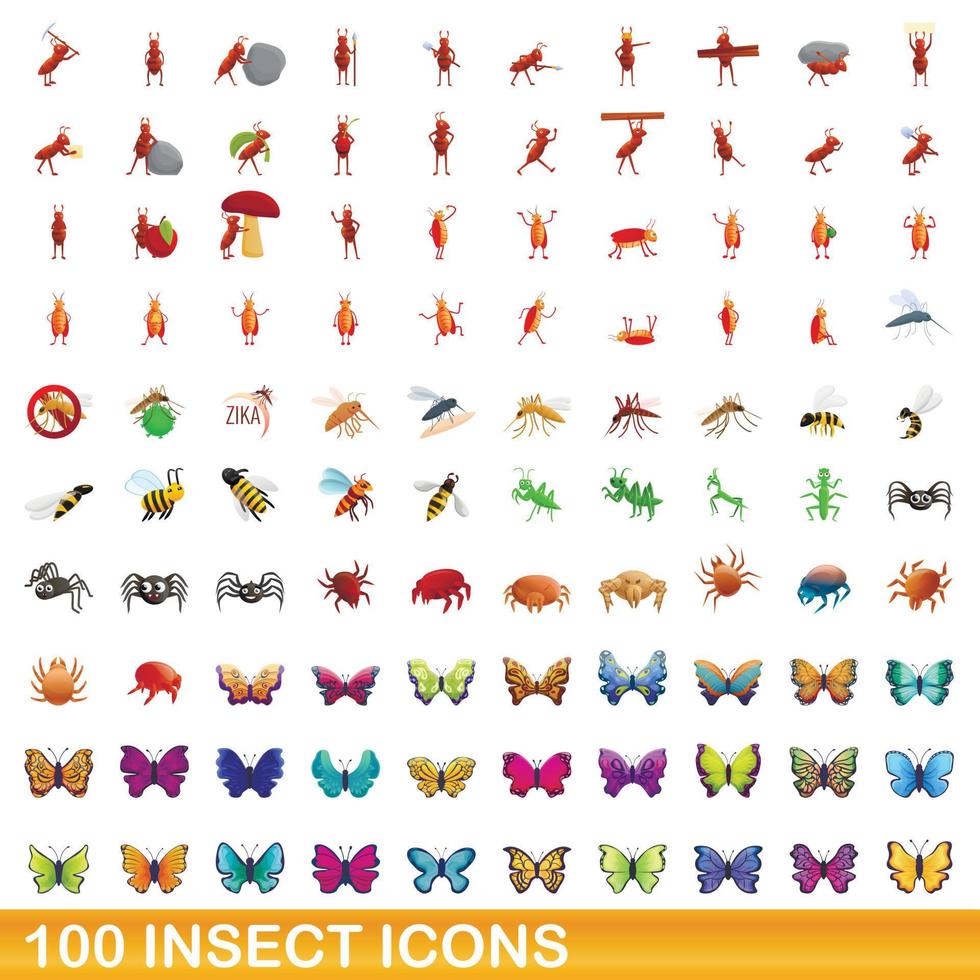 100 insect icons set, cartoon style vector