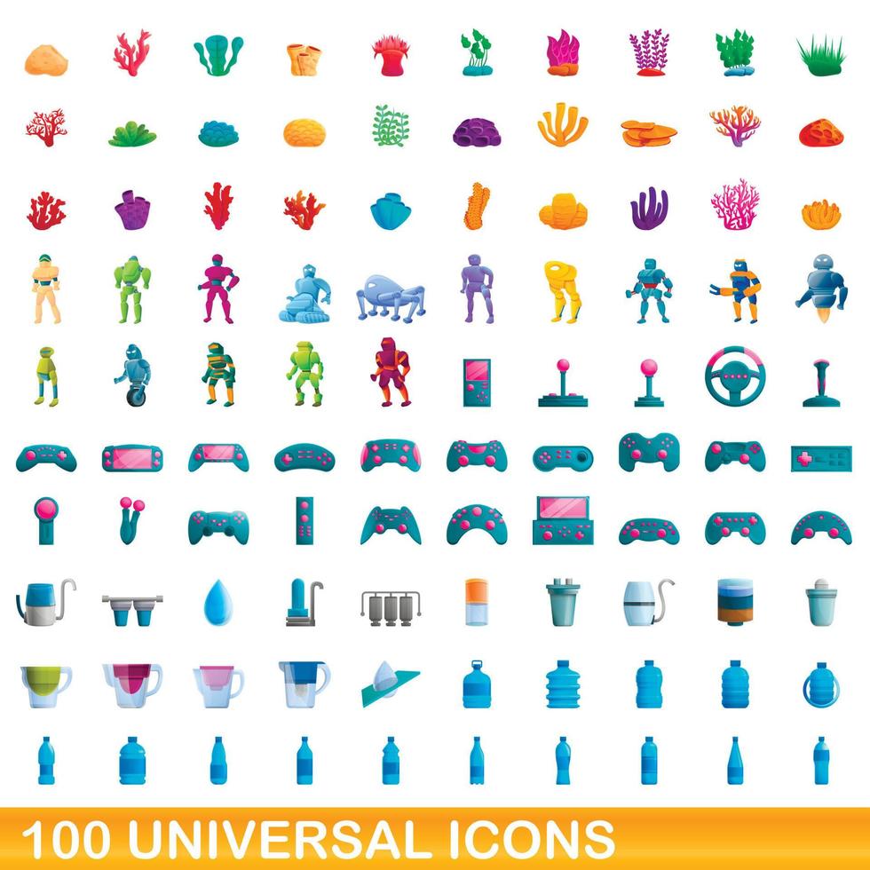 100 universal icons set, cartoon style vector