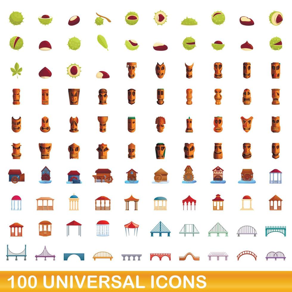 100 universal icons set, cartoon style vector