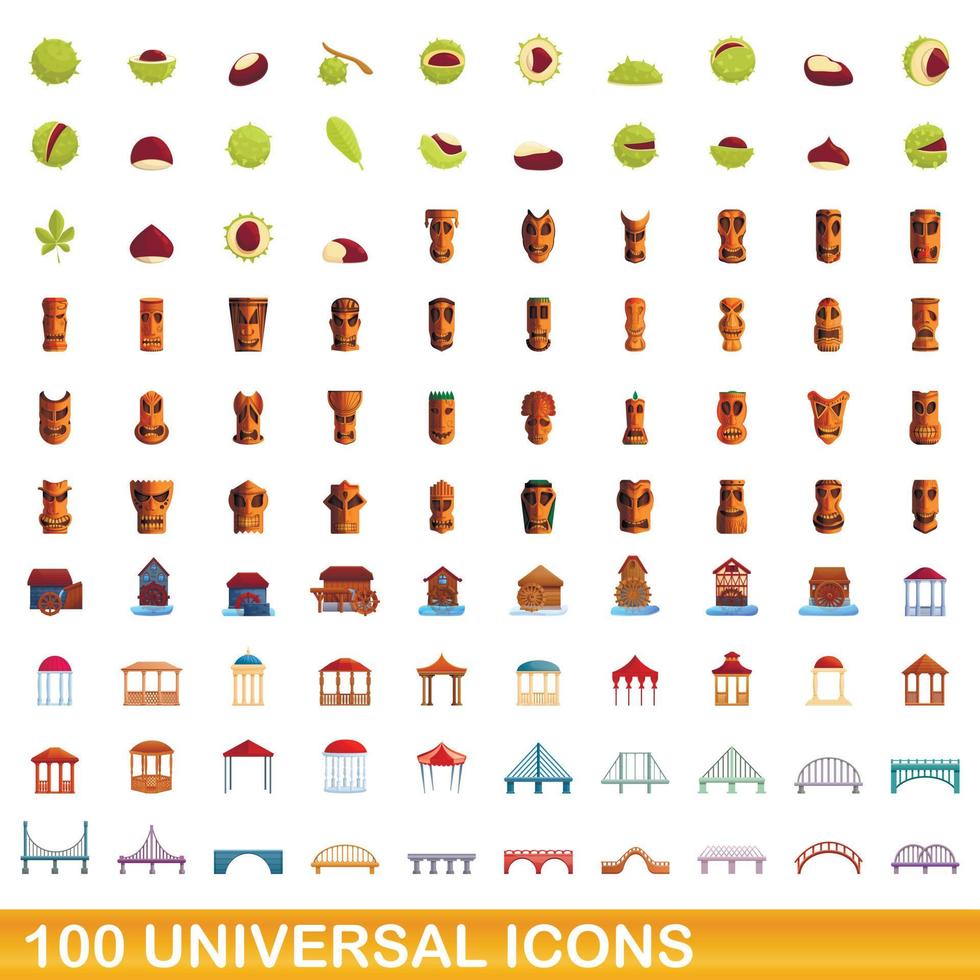 100 iconos universales, estilo de dibujos animados vector