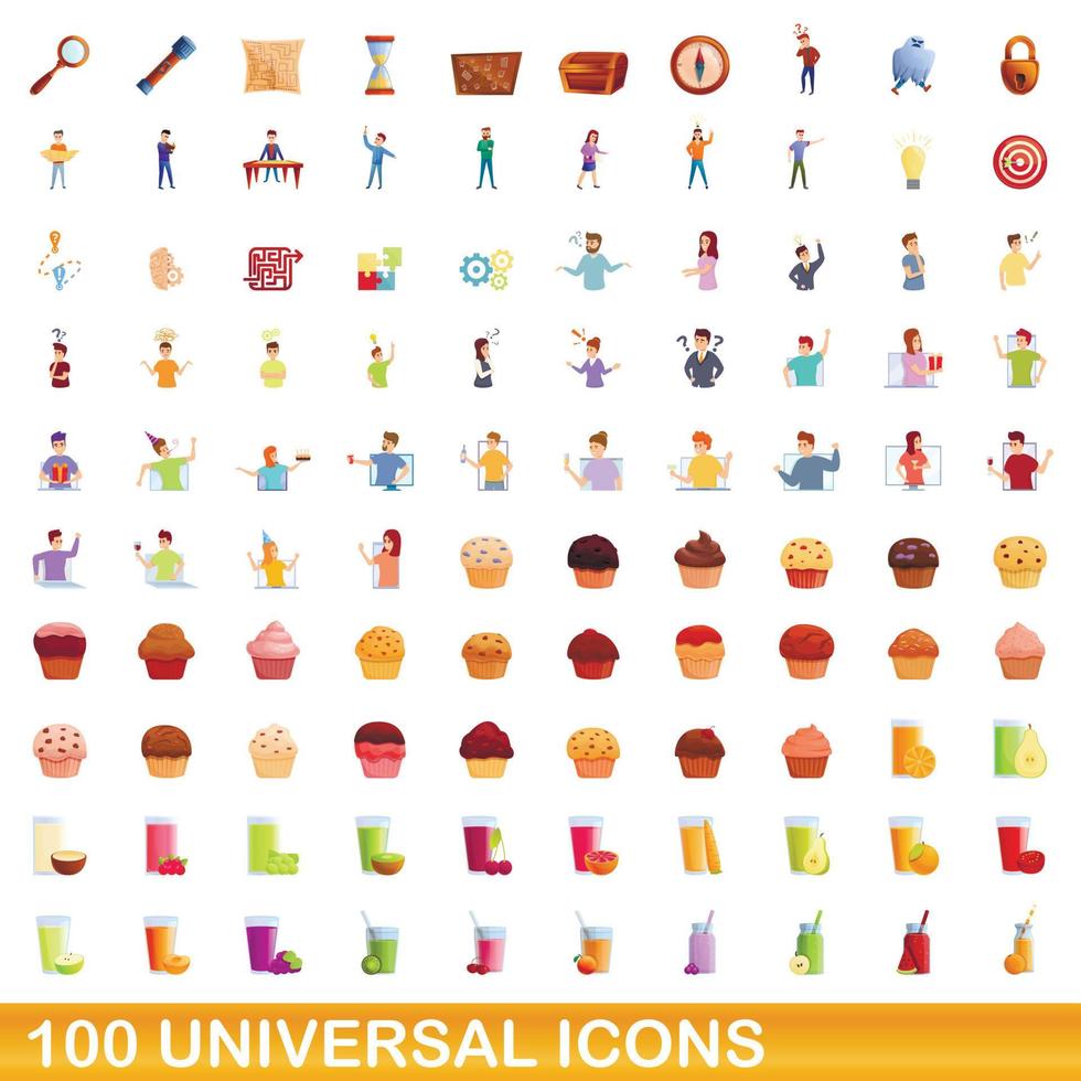 100 universal icons set, cartoon style vector