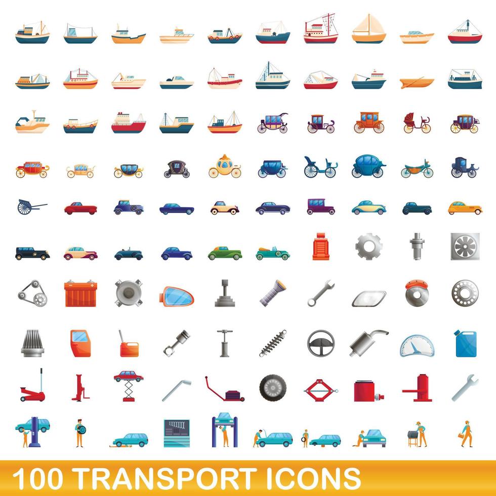 100 iconos de transporte, estilo de dibujos animados vector