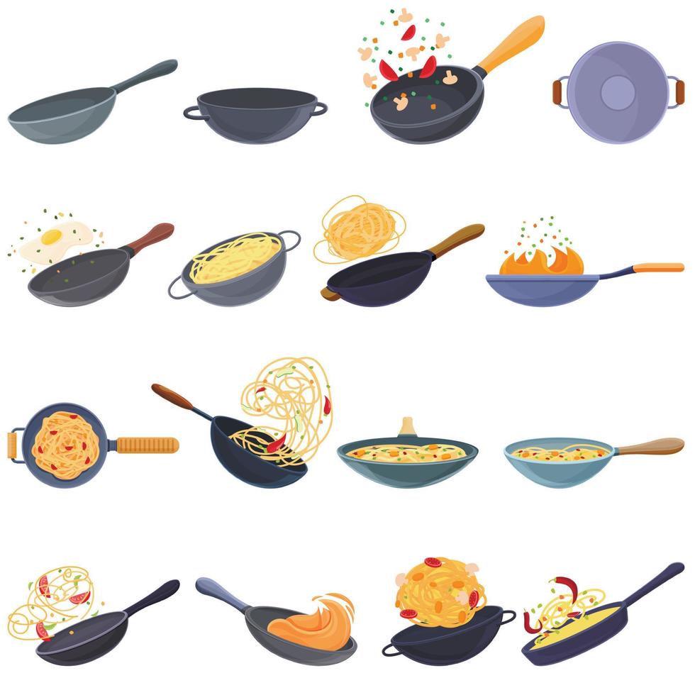 Conjunto de iconos de sartén wok, estilo de dibujos animados vector