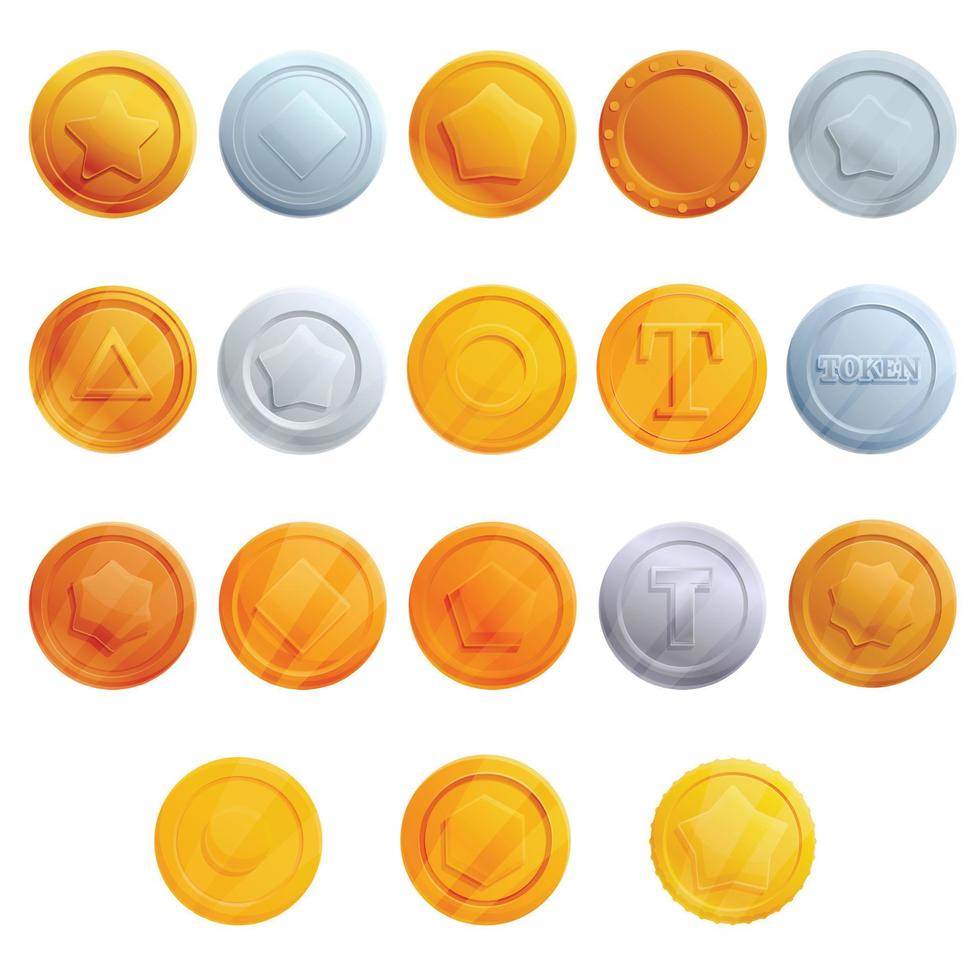 Tokens icons set, cartoon style vector