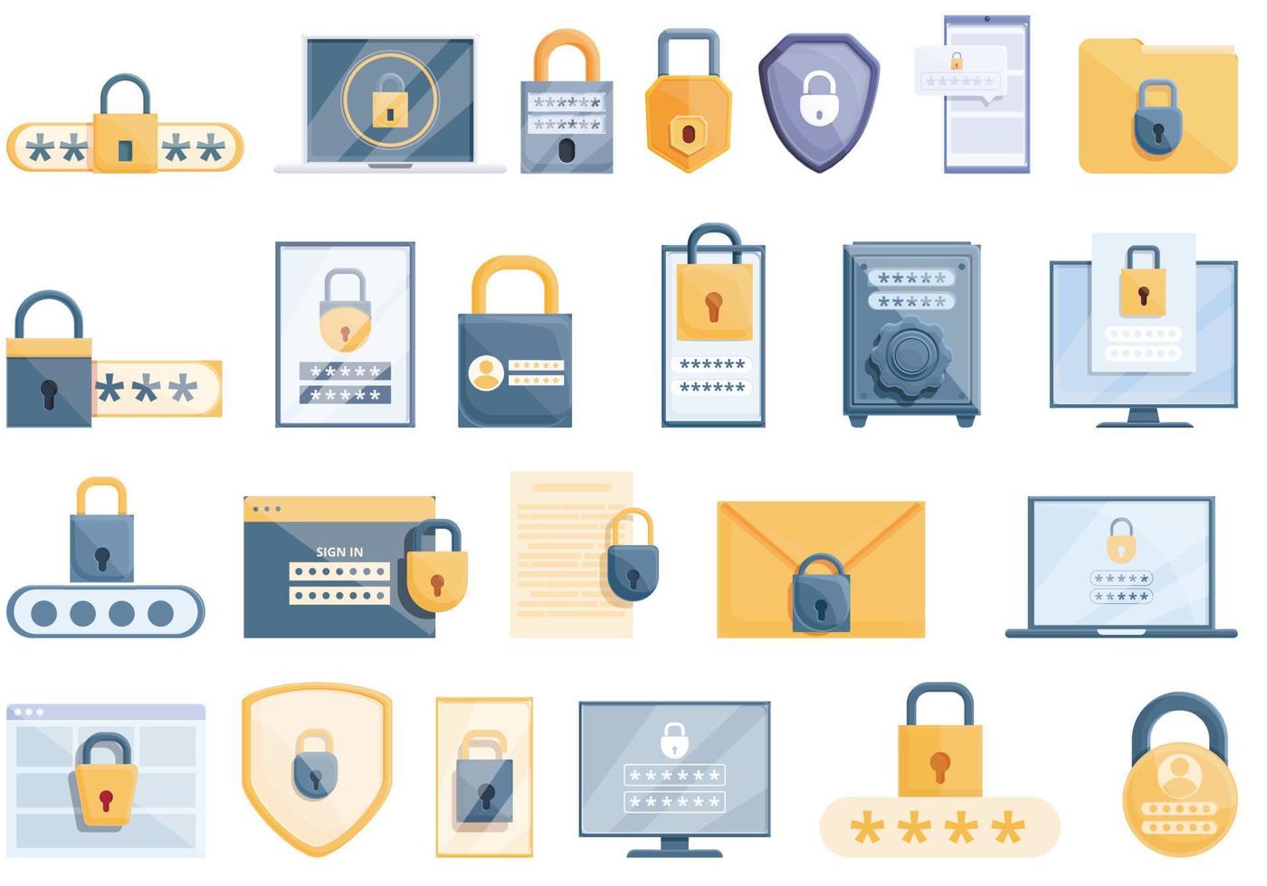 Password protection icons set, cartoon style vector