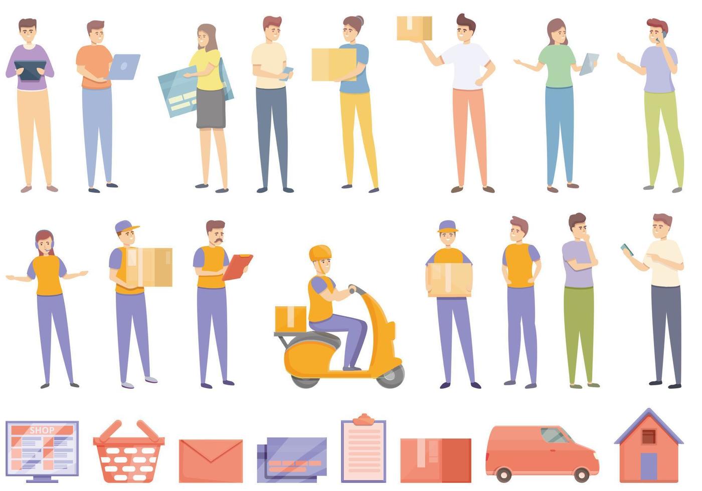 Ordering process icons set cartoon vector. Delivery box vector
