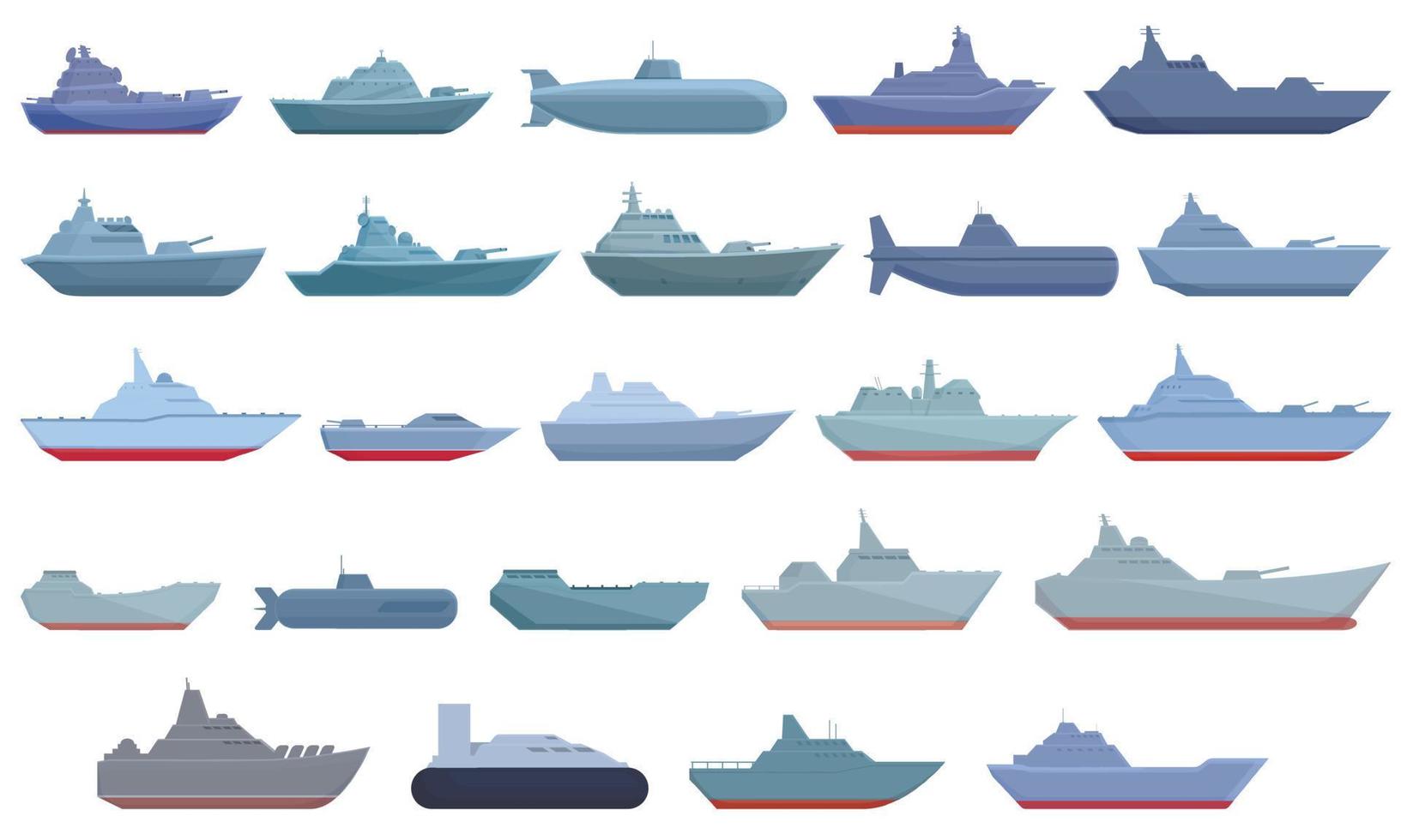 conjunto de iconos de buques de guerra vector de dibujos animados. portaaviones militar