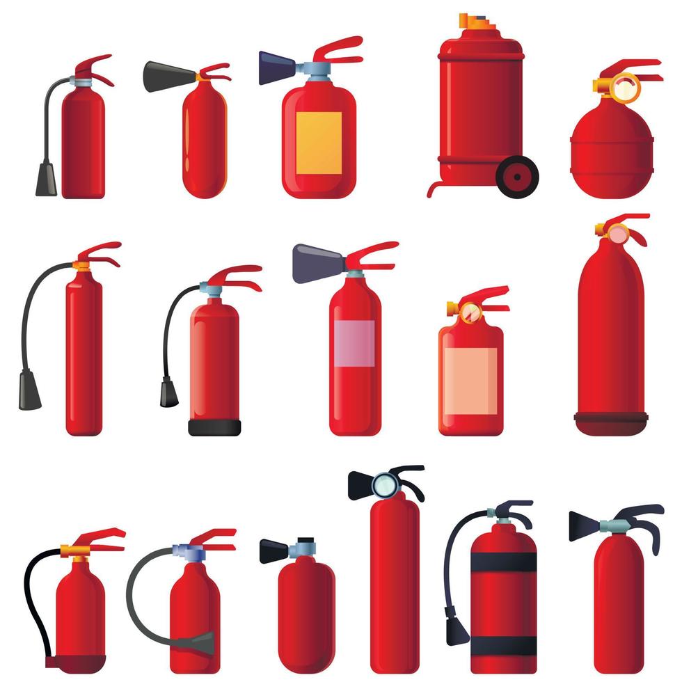 Fire extinguisher icons set, cartoon style vector