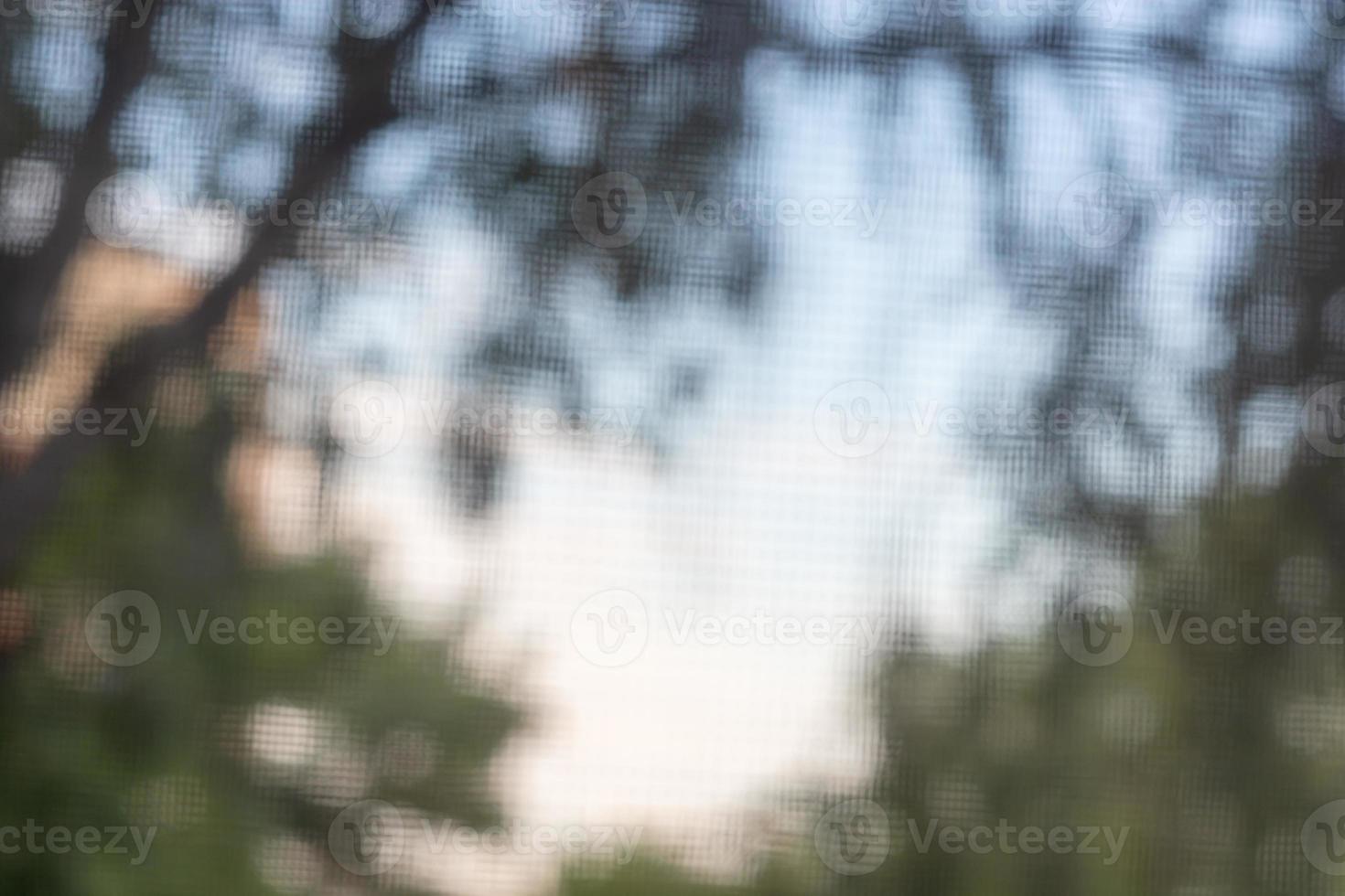 Blurred background through the mosquito net on the window from the sky and trees photo