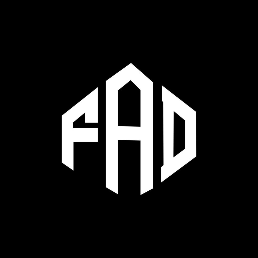 FAD letter logo design with polygon shape. FAD polygon and cube shape logo design. FAD hexagon vector logo template white and black colors. FAD monogram, business and real estate logo.