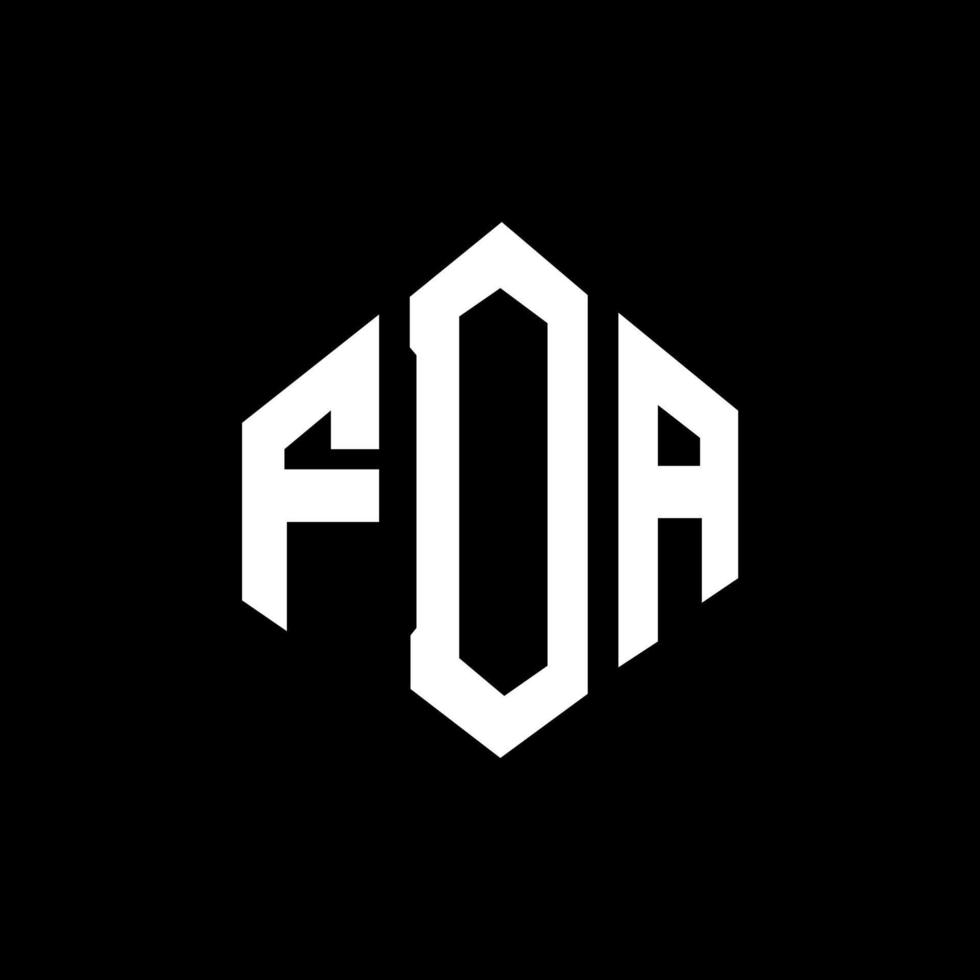 FDA letter logo design with polygon shape. FDA polygon and cube shape logo design. FDA hexagon vector logo template white and black colors. FDA monogram, business and real estate logo.