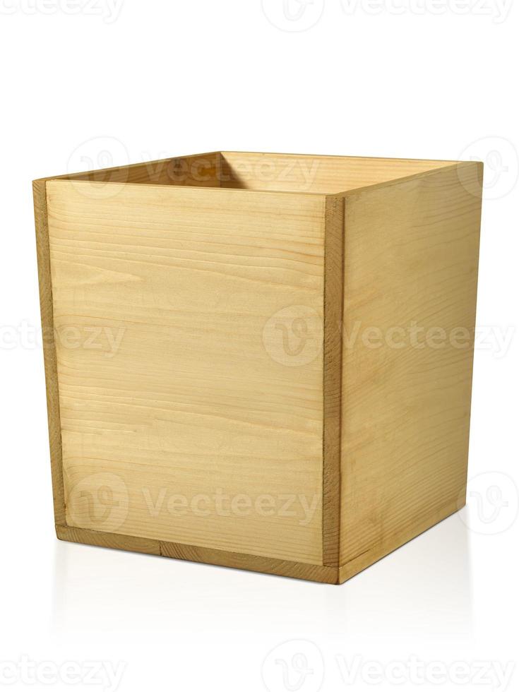 Empty yellowish wooden box. Made of pine, isolated on white background photo