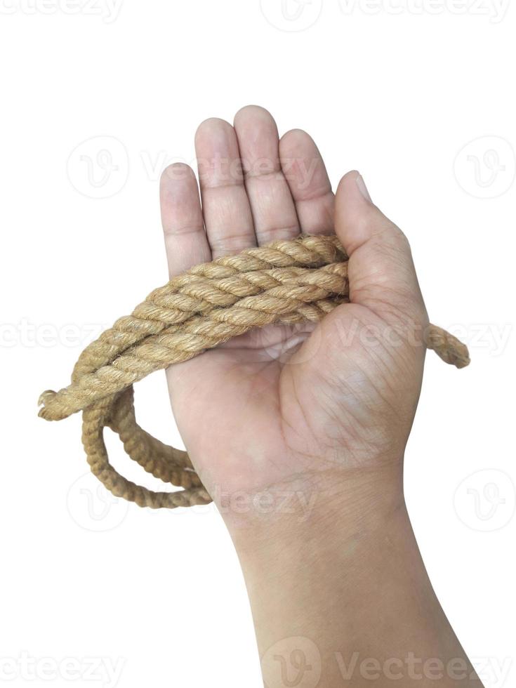 Man's hand holding on to the rope. On a white background photo