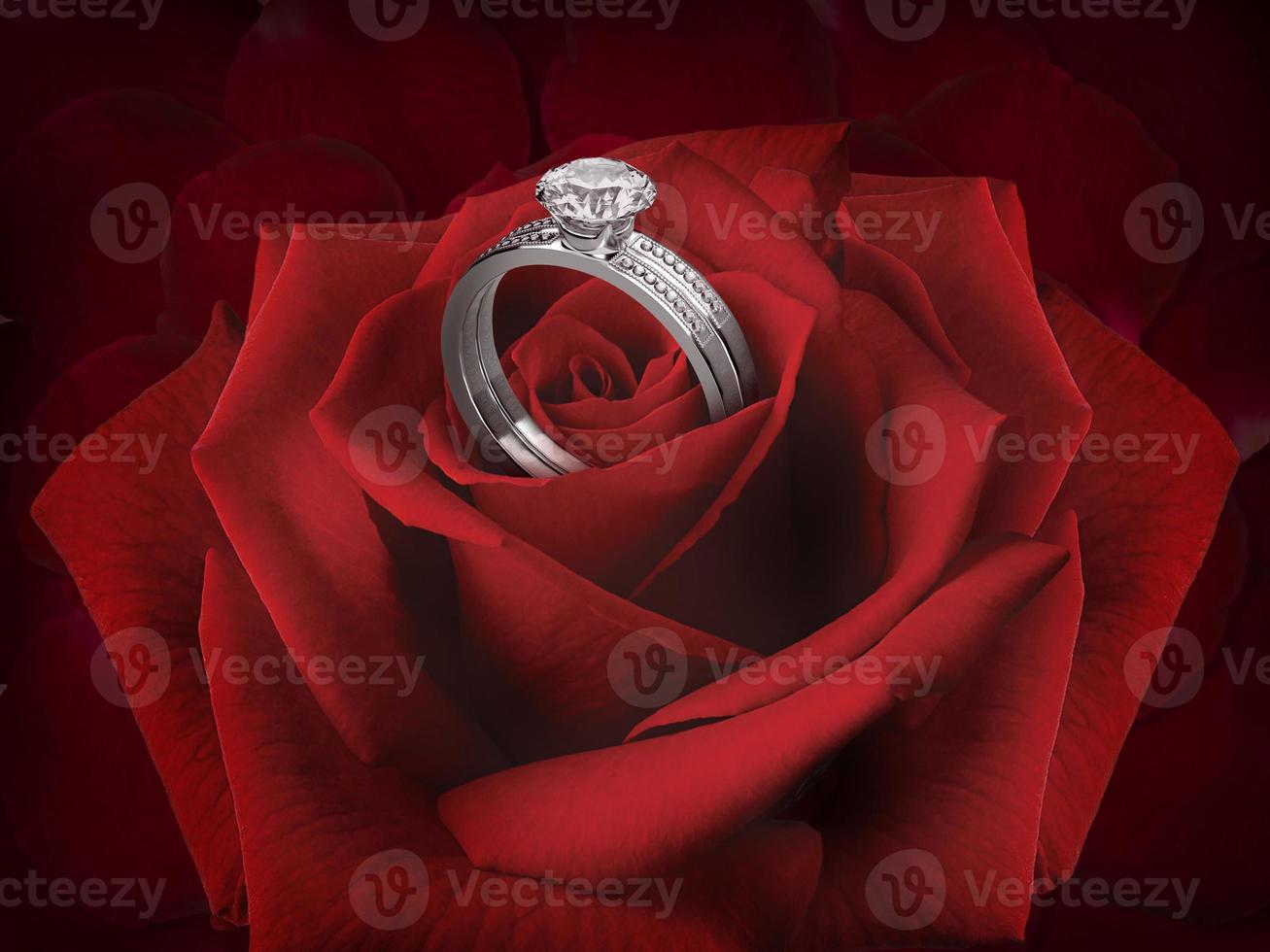 Elegant diamond ring on a Rose Flower on background of beautiful red rose petals photo