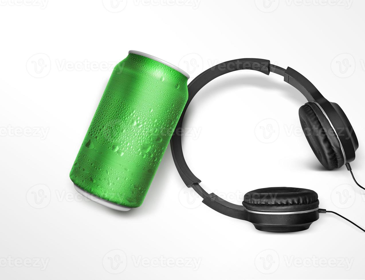 modern headphones and can on white background. concept music festival photo