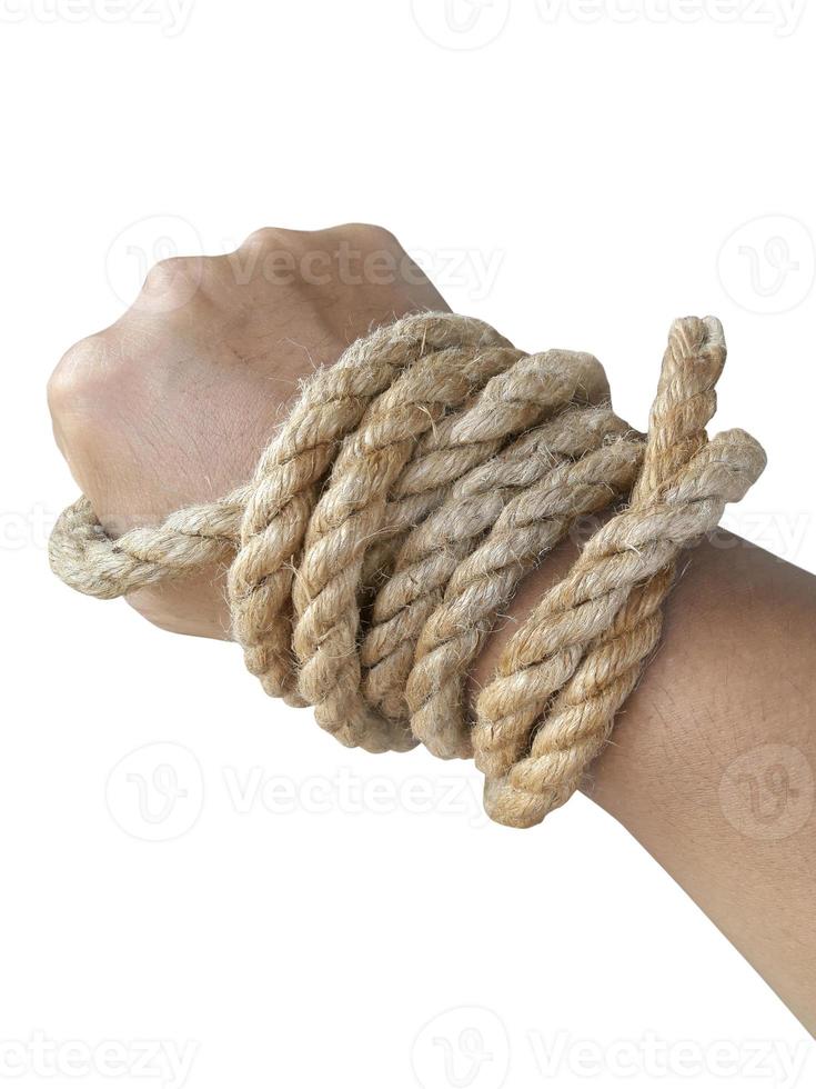 Man's hand holding on to the rope. On a white background photo
