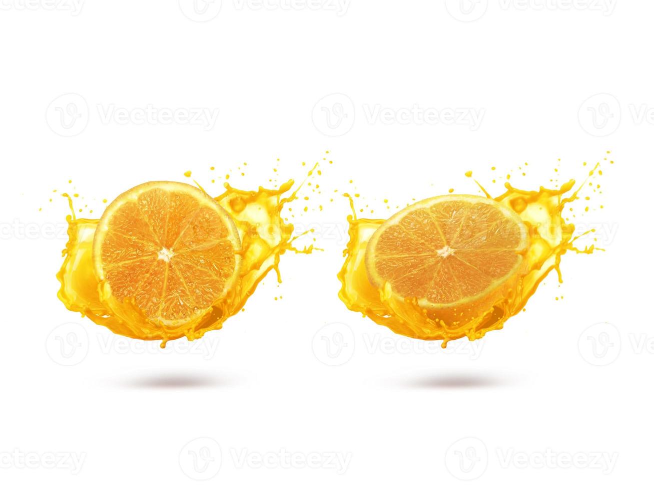 Orange with splashes isolated on white background photo