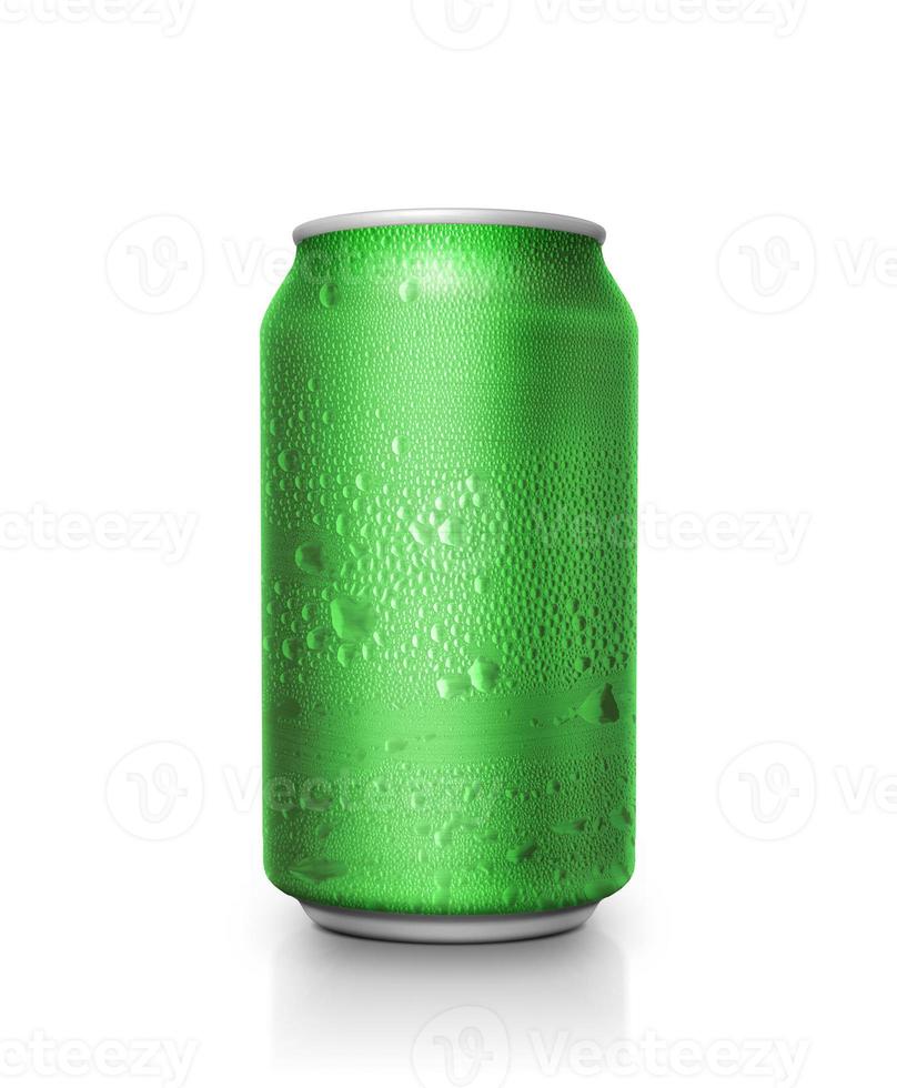 Green aluminum cans with water droplets on a white Background photo