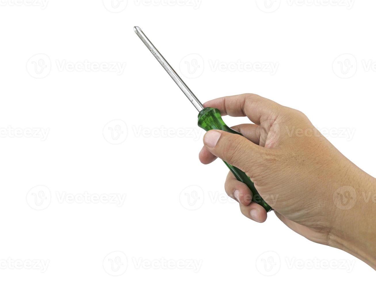 The man holds a screwdriver in his hand on a white background, isolate photo