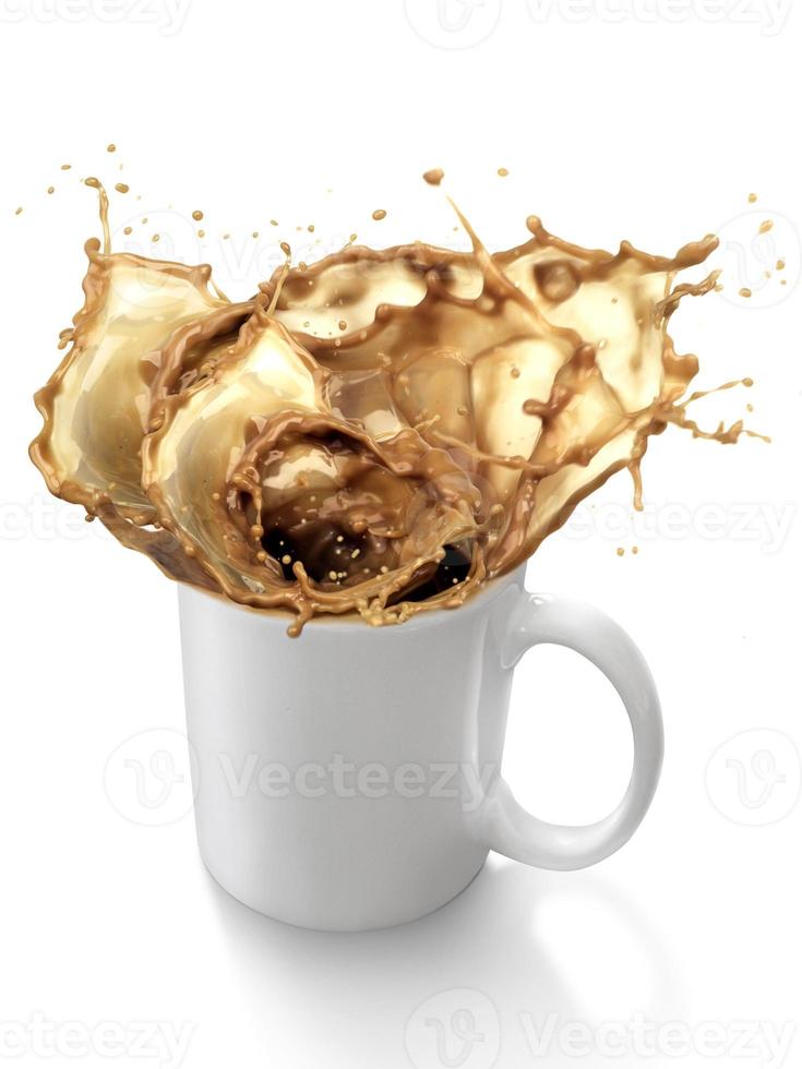 Salpicaduras de café de una taza aislado sobre fondo blanco. foto