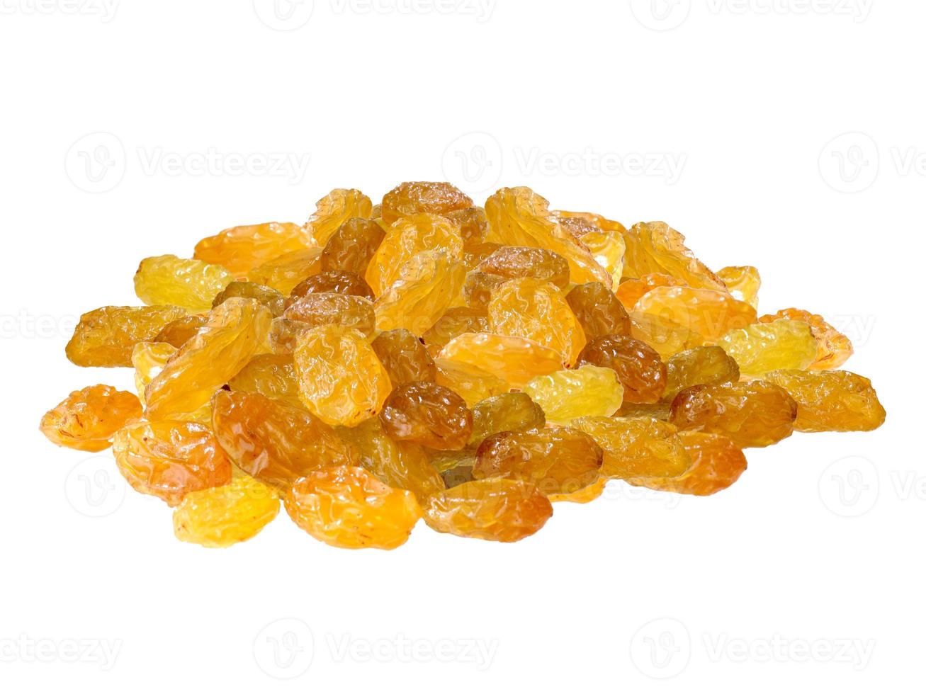 Dried golden raisins isolated on white background, close up photo