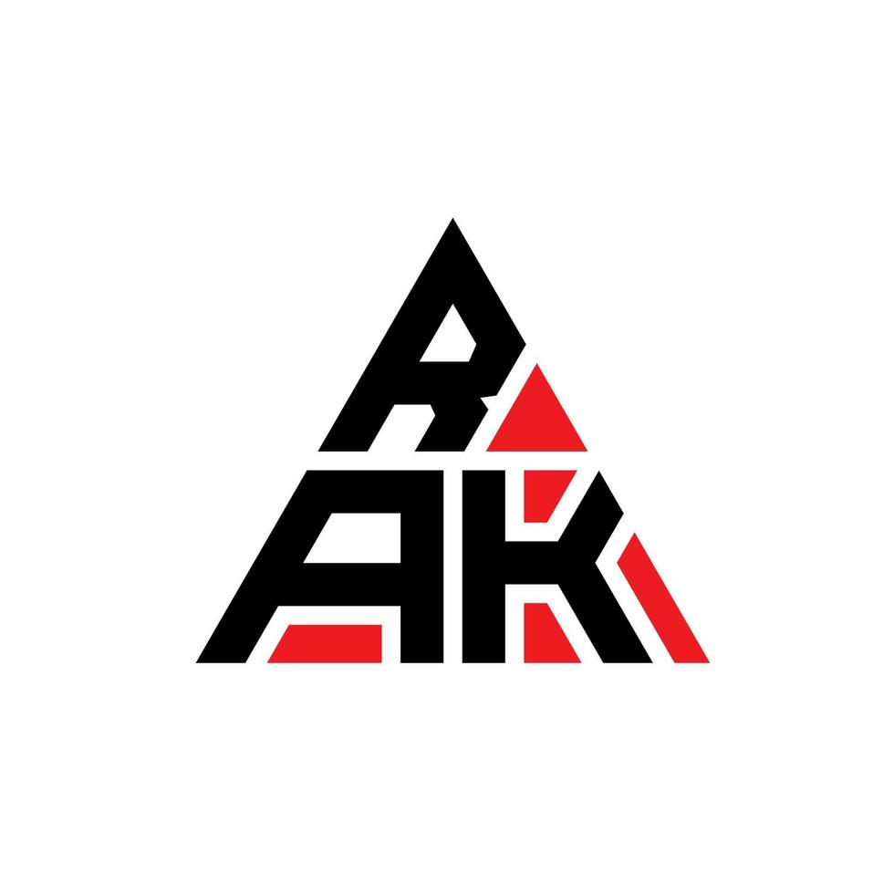 RAK triangle letter logo design with triangle shape. RAK triangle logo design monogram. RAK triangle vector logo template with red color. RAK triangular logo Simple, Elegant, and Luxurious Logo.