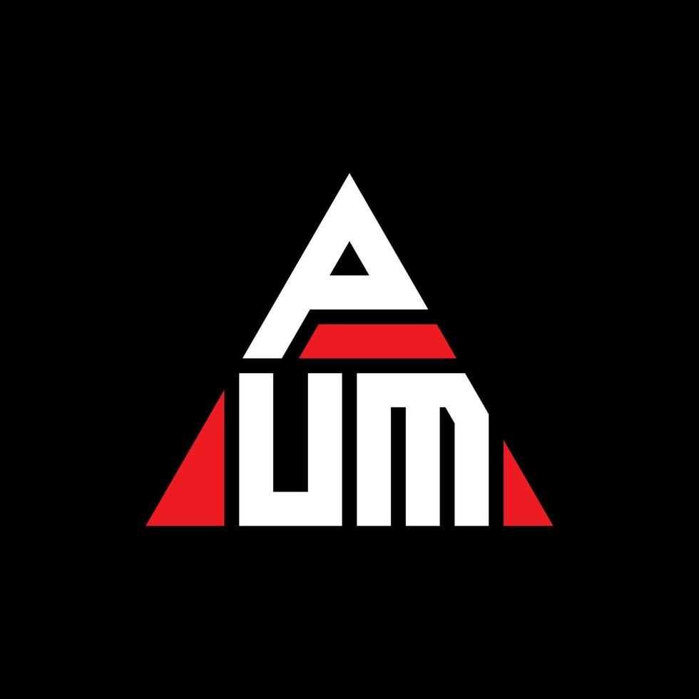 PUM triangle letter logo design with triangle shape. PUM triangle logo design monogram. PUM triangle vector logo template with red color. PUM triangular logo Simple, Elegant, and Luxurious Logo.