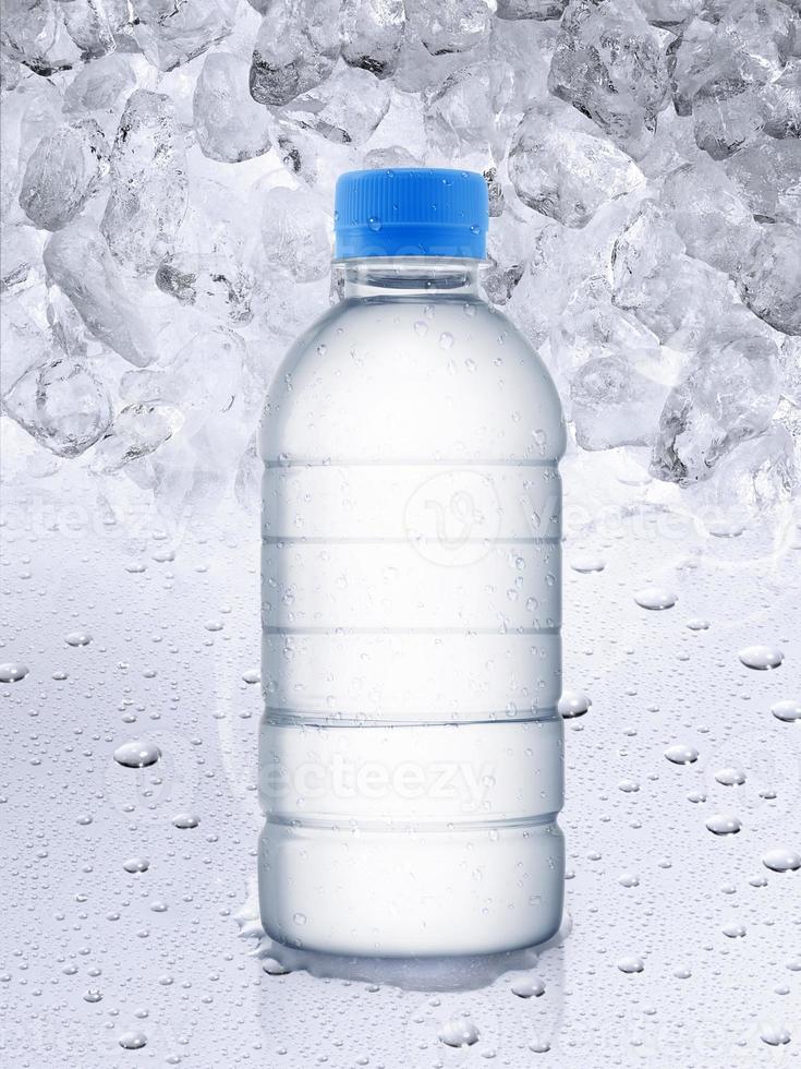 Empty water bottle, ice cubes background photo