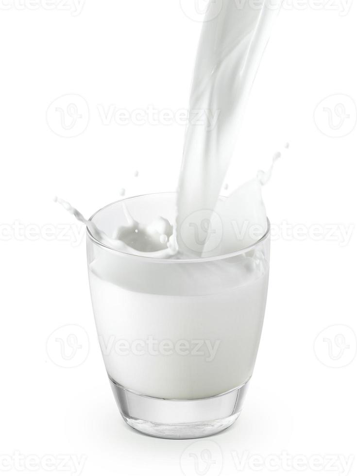 pouring two glass of milk creating splash, isolated on a white background photo