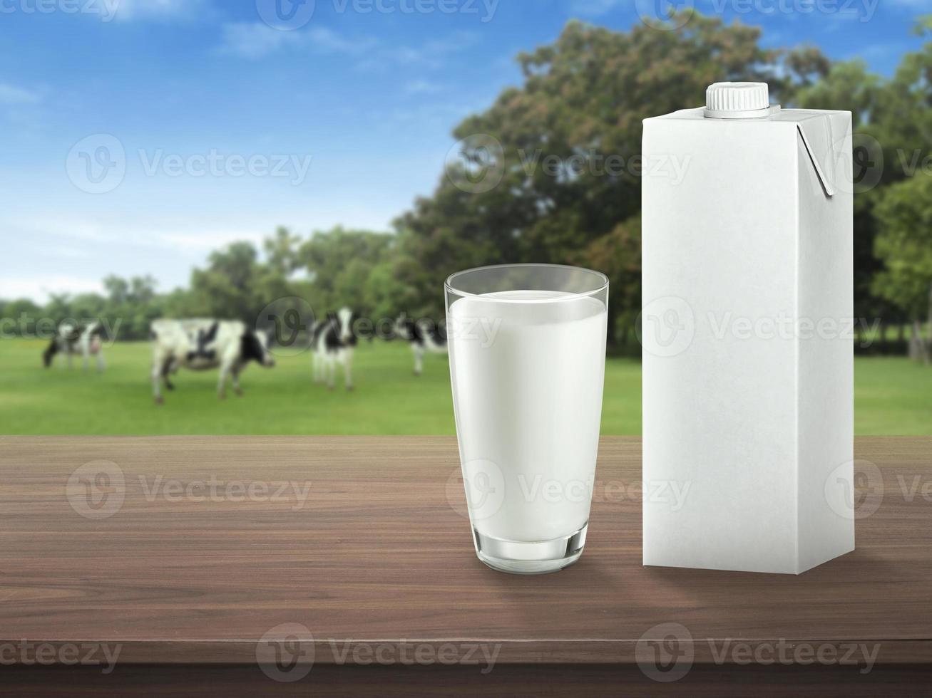 Fresh milk in glass on dark wooden tabletop and blurred landscape with cow on meadow. Healthy eating. Rustic style. Space for design photo