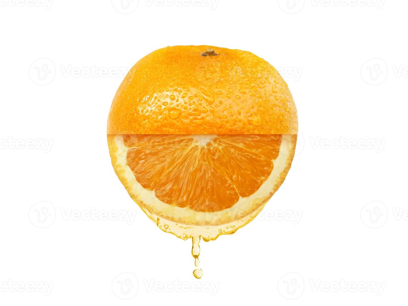 Fresh orange juice dripping isolated on white background. Flat lay. Food concept photo