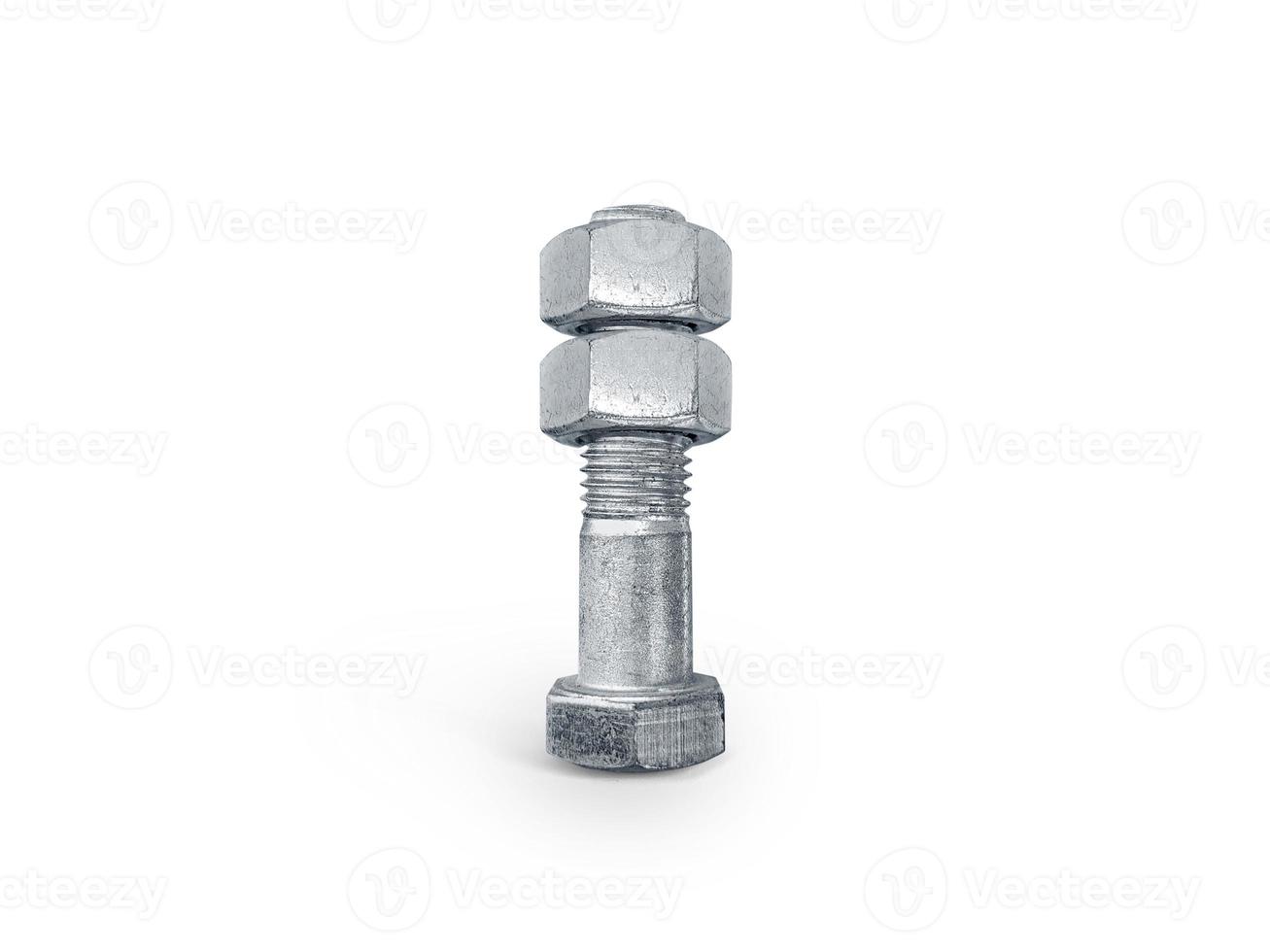 Nut and screw on hand on white background photo