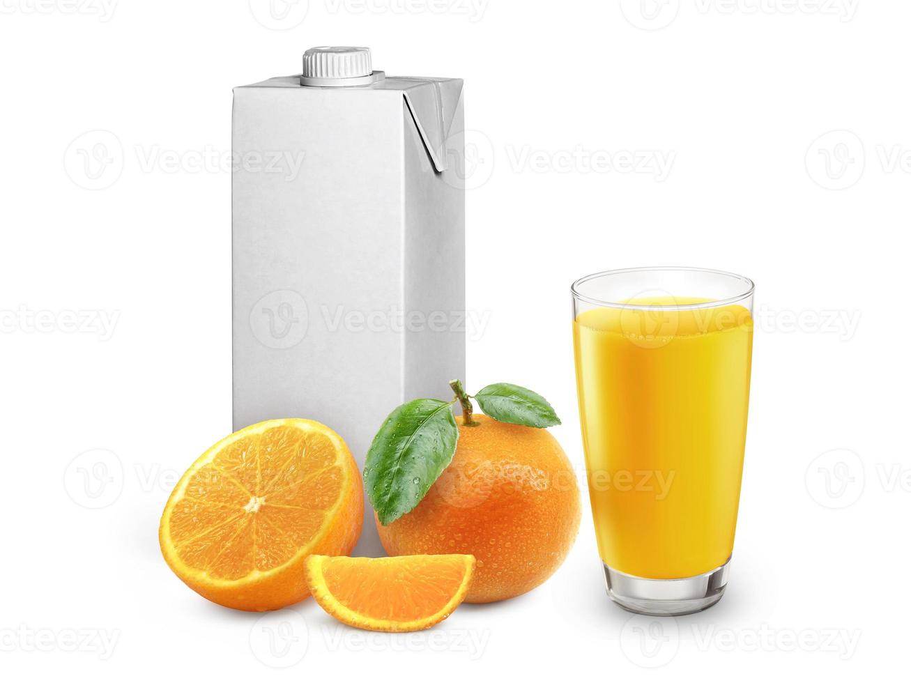 Fresh orange juice with fruits and fruit box, isolated on white photo